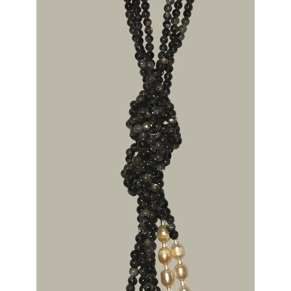 50" Sautoir with Larvikite and Pearl Tie Necklace Old Money Classic Luxury - Picture 3 of 4